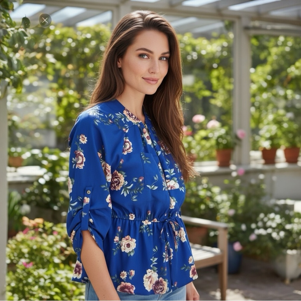 J for Justify Floral Blouse Navy Peach Gold Zip Front Cinched Waist Women’s L